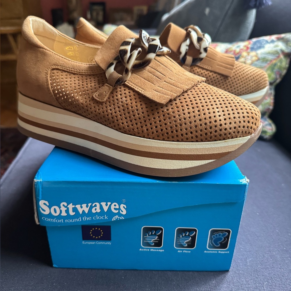 New! **Softwaves “Cadie”Cognac Perforated leather suede loafers